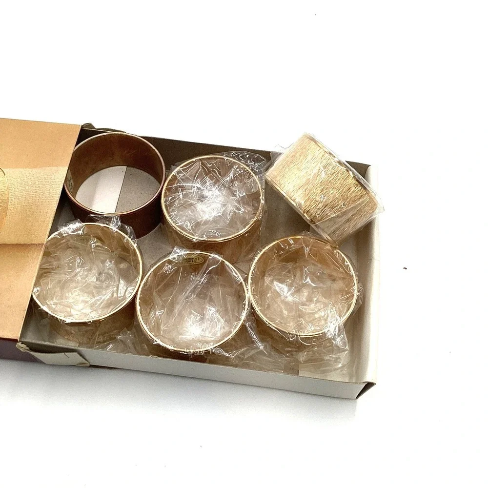 Vintage Solid Brass Napkin Rings Set of 6 Textured‎ Gold Tone M127 MCM Tableware